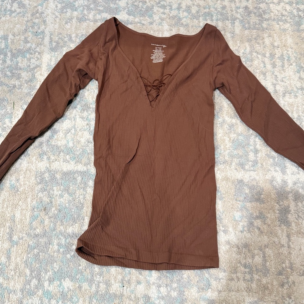Intimately Free People Movement Knit Brown Ribbed Lace Front Long Sleeve M / L